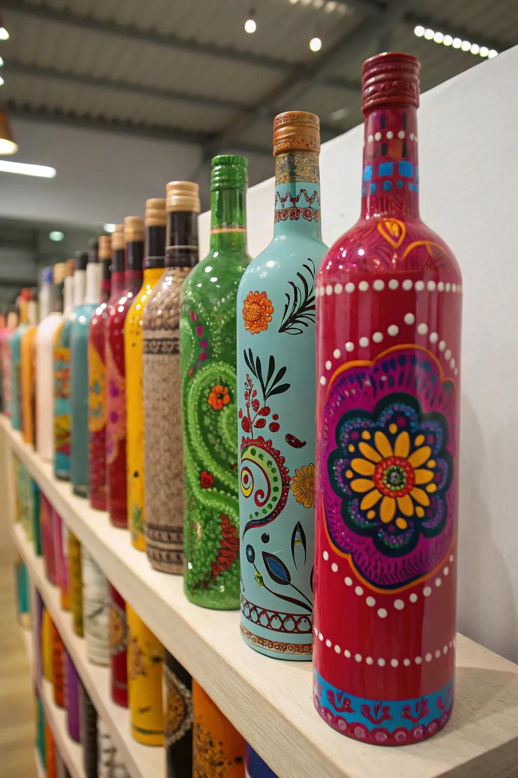 Painted spirit bottles bring a burst of color and creativity to any setting.