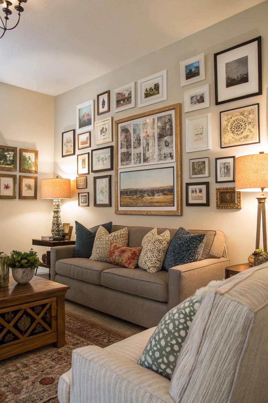 A lively artistic display bringing character and warmth to a living area.