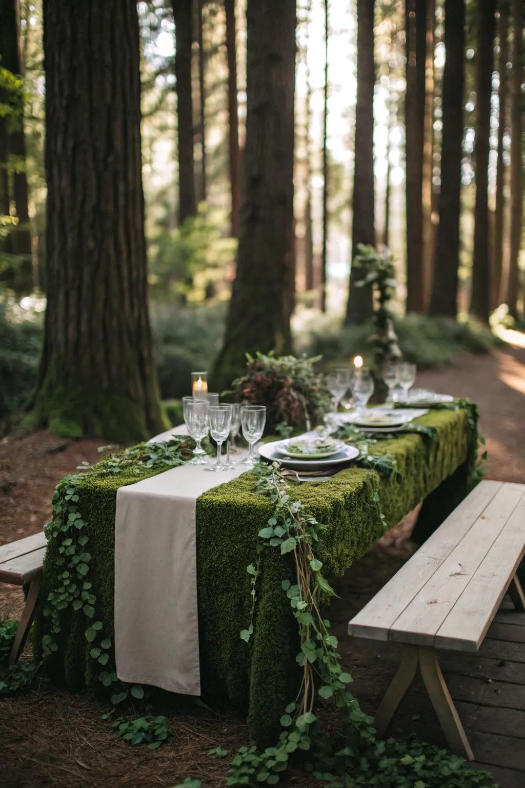 Abundant greenery cascades over tables, mimicking a forest floor for your celebration.