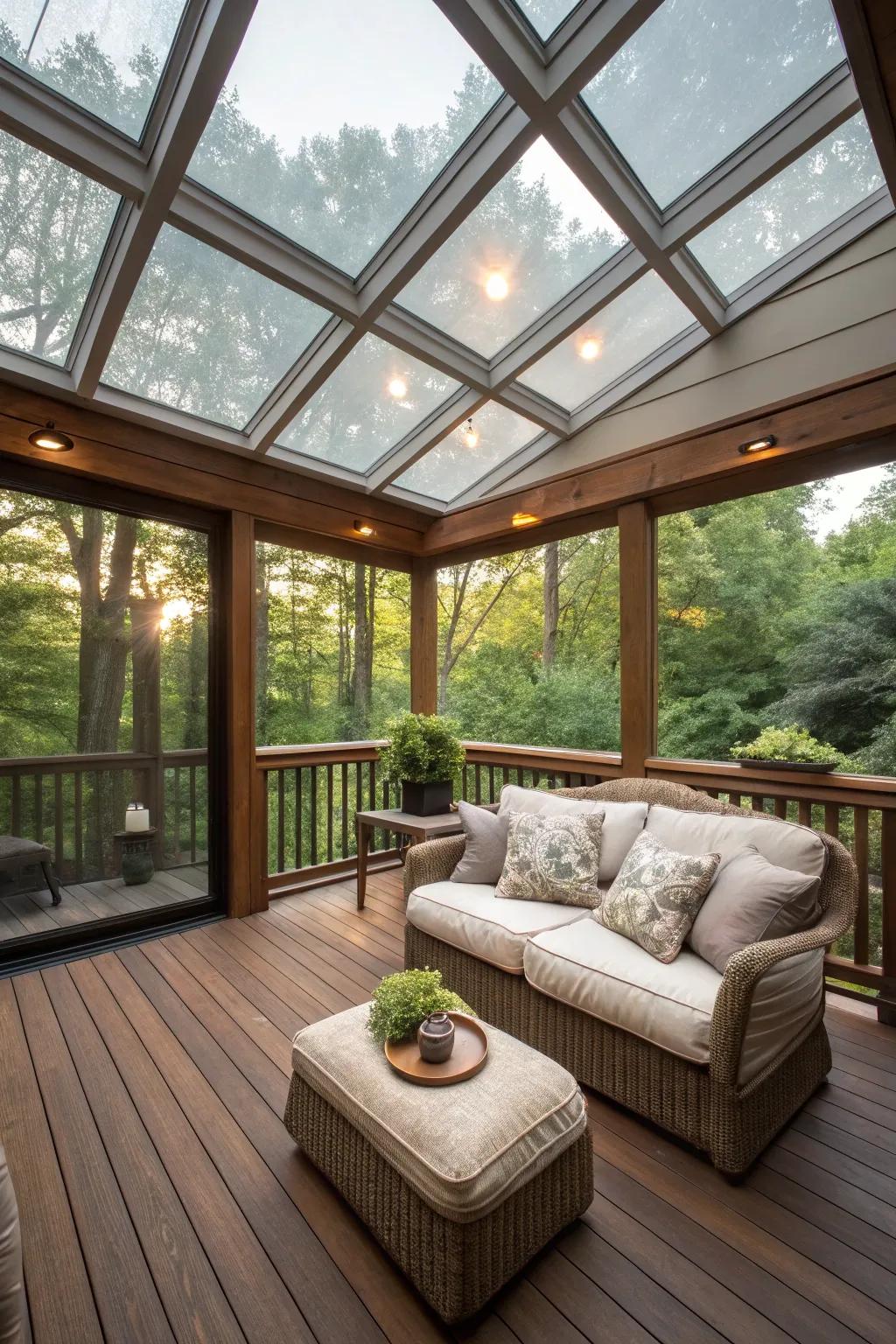 A sheltered patio featuring overhead windows that flood the area with sunlight.