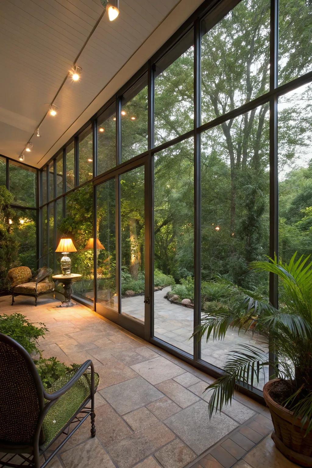 A peaceful glass-enclosed patio featuring expansive views of the surrounding landscape.