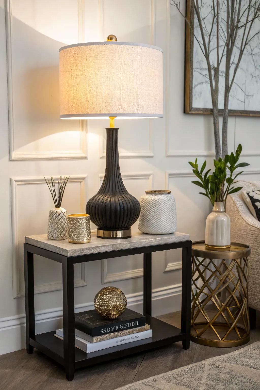 A side table featuring a statement lamp as its focal point.