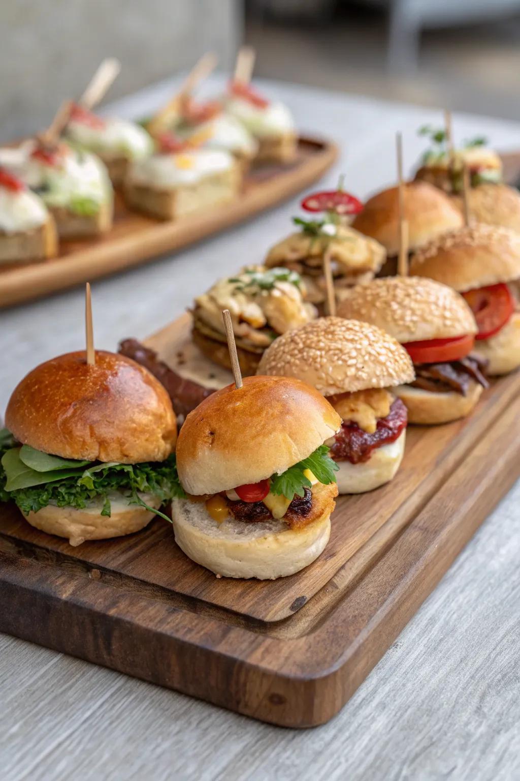 An enticing arrangement of miniature sandwiches and snacks, ideally suited for an elegant brunch occasion.