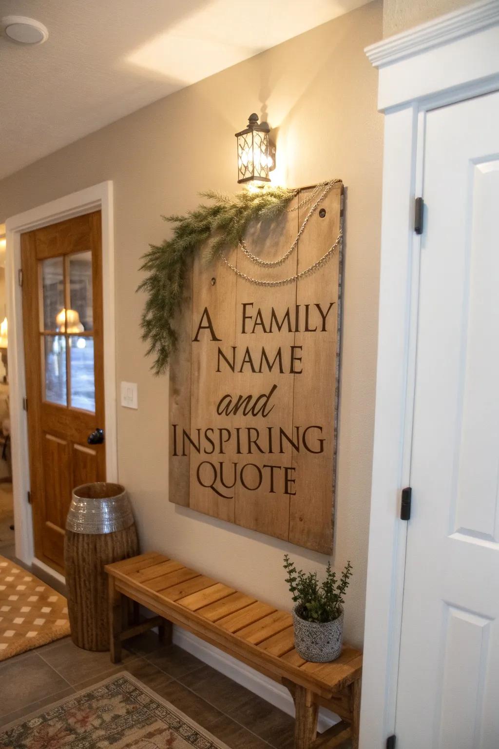 A wood art piece that has the family name on it brings warmth and character to any entryway.