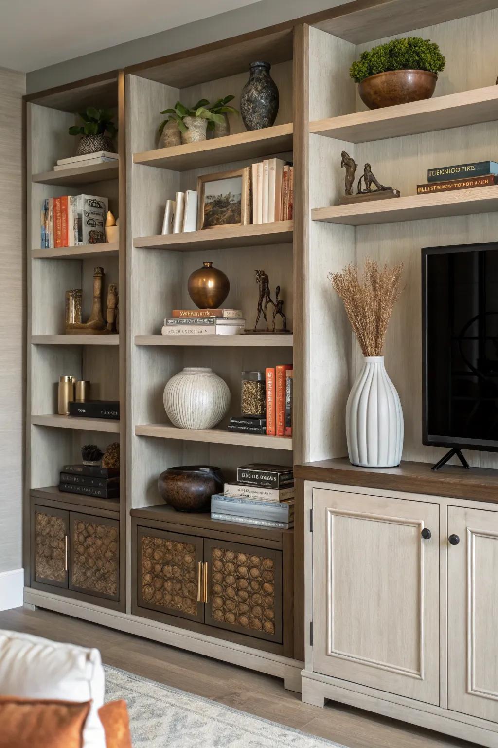 A media unit showcasing open shelves adorned with a variety of aesthetic pieces.