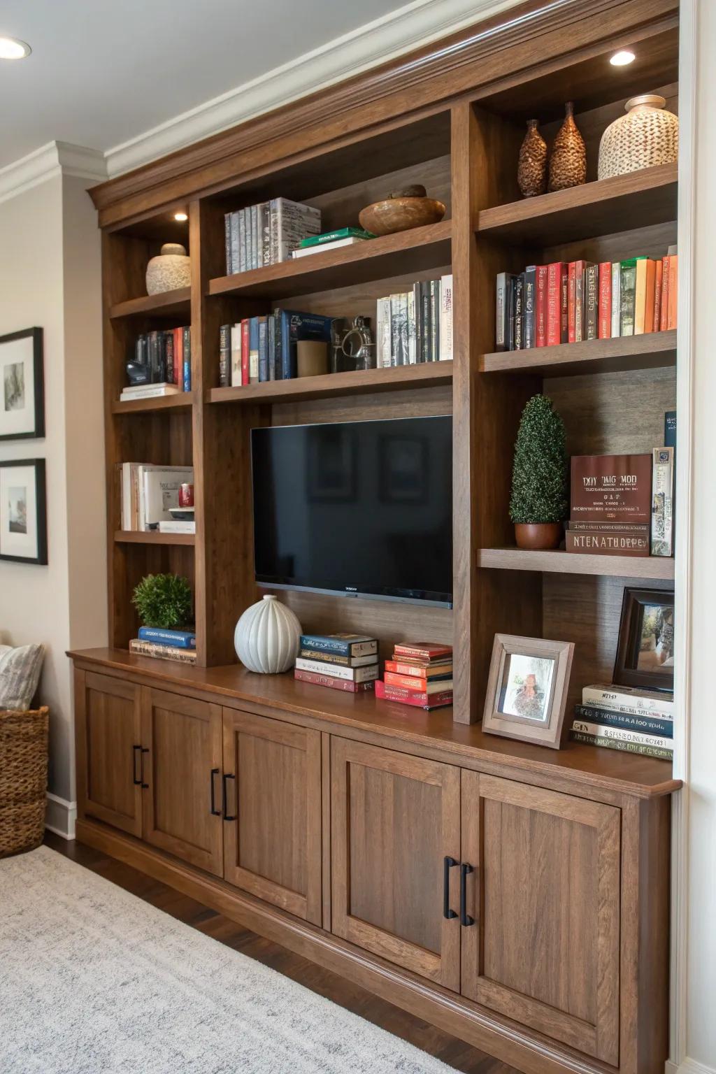 A built-in entertainment center showcasing books and decorative items.