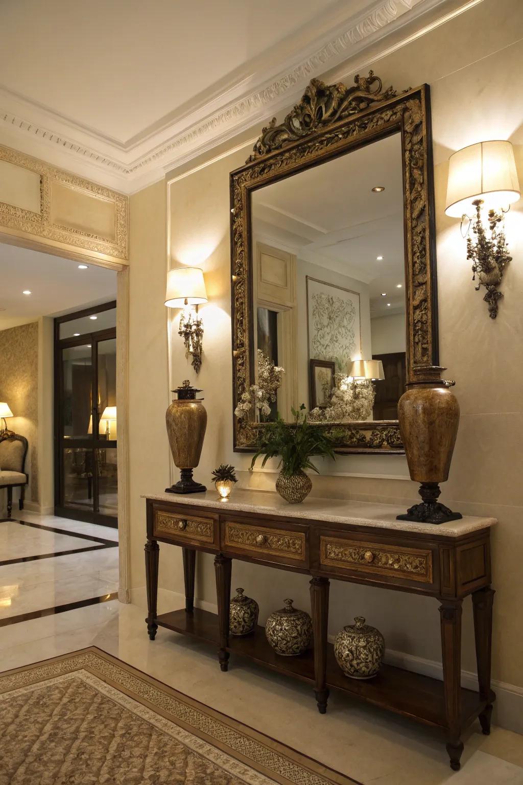 A striking mirror is the centerpiece of this inviting entryway.