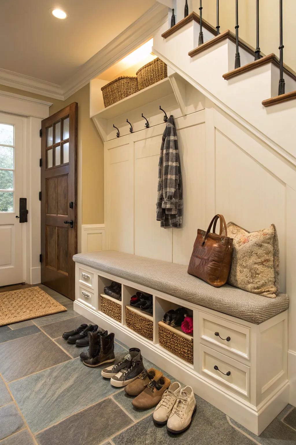 An elegant entryway bench featuring hidden storage, perfect for keeping shoes organized.