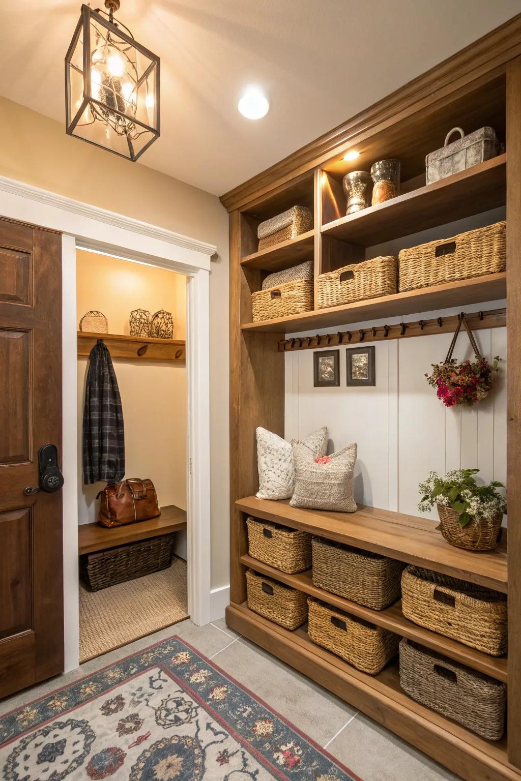 Open shelving introduces a blend of style and practical storage to any entryway.