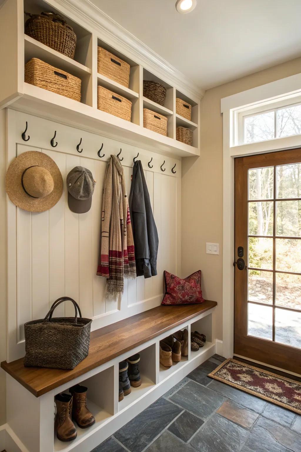 Efficient vertical storage maintains a well-organized and functional mudroom.