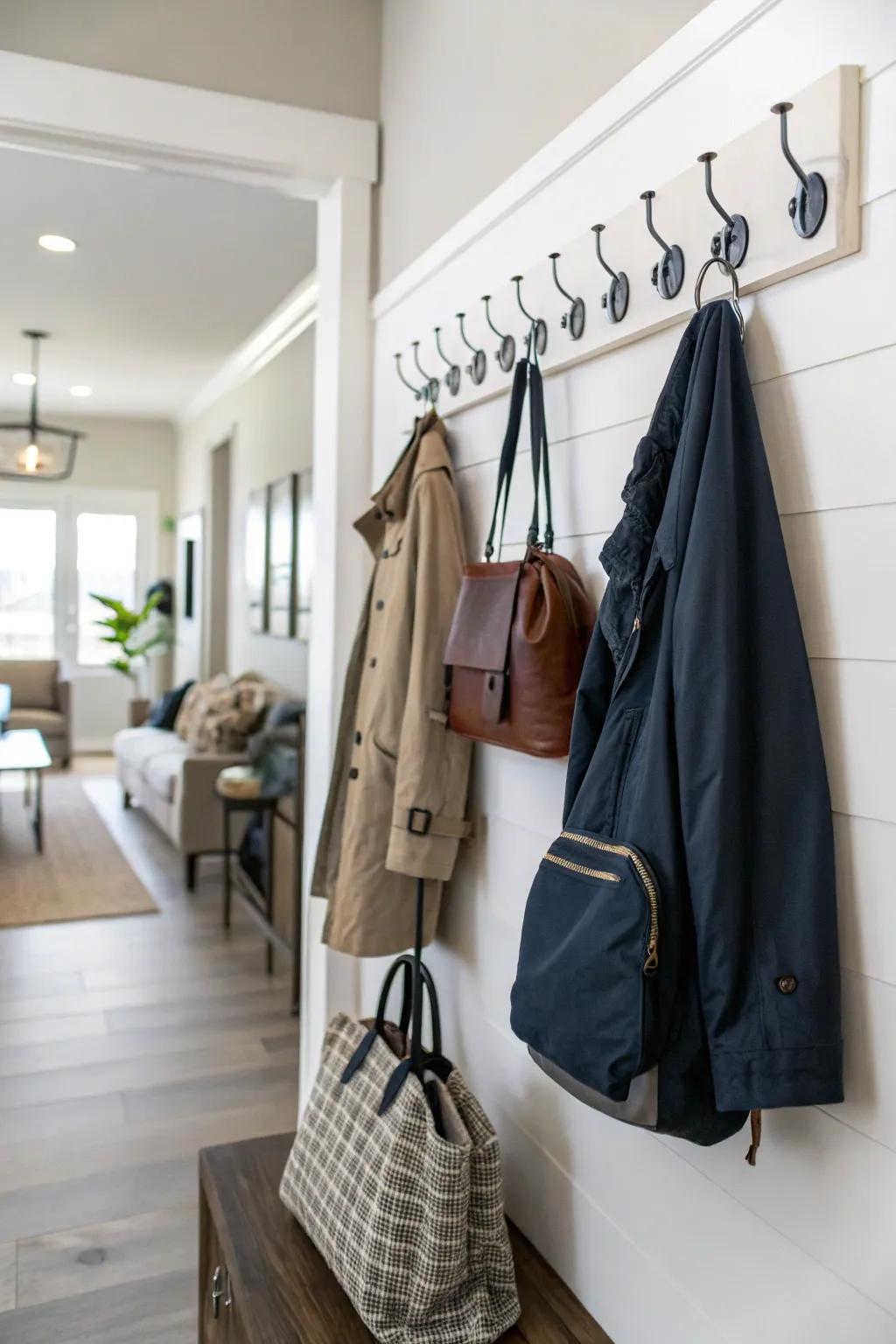 Staggered hooks keep your essentials organized and accessible.