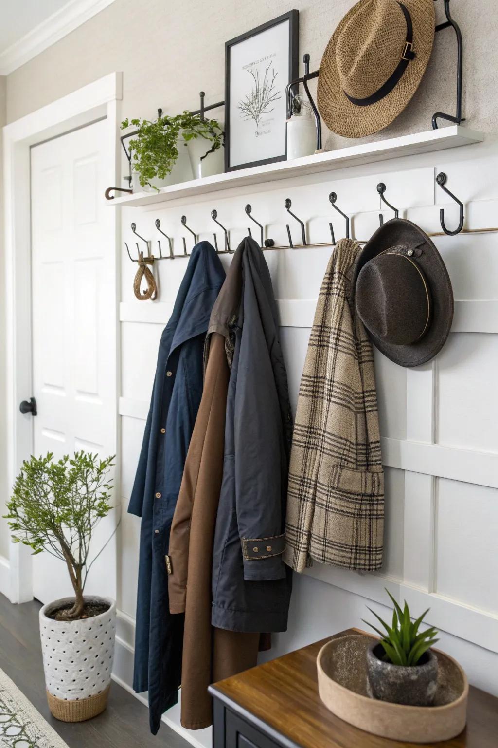 Elegant wall hooks and coat hangers for a clutter-free entryway.