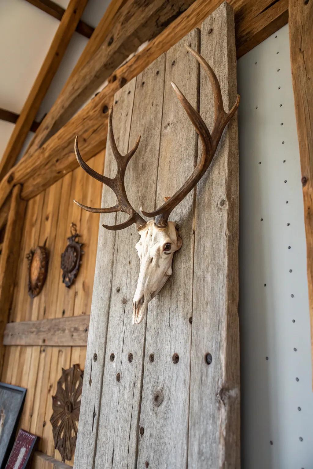 Add rustic charm with a deer skull mounted on reclaimed wood.