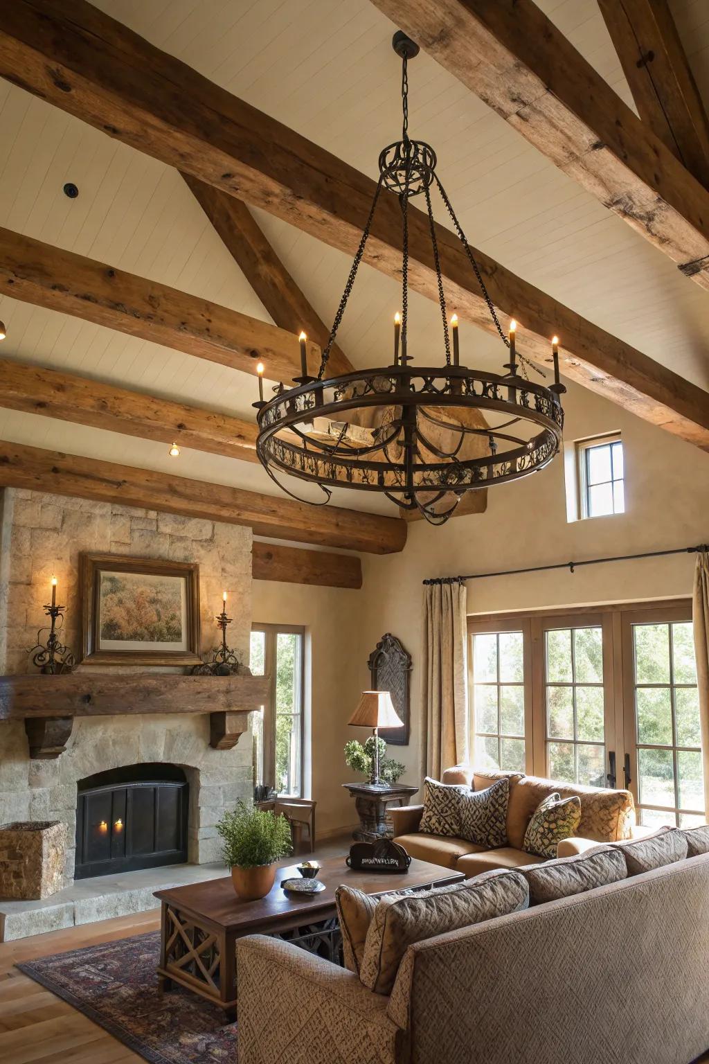An iron chandelier gives rustic appeal blended with elegance.