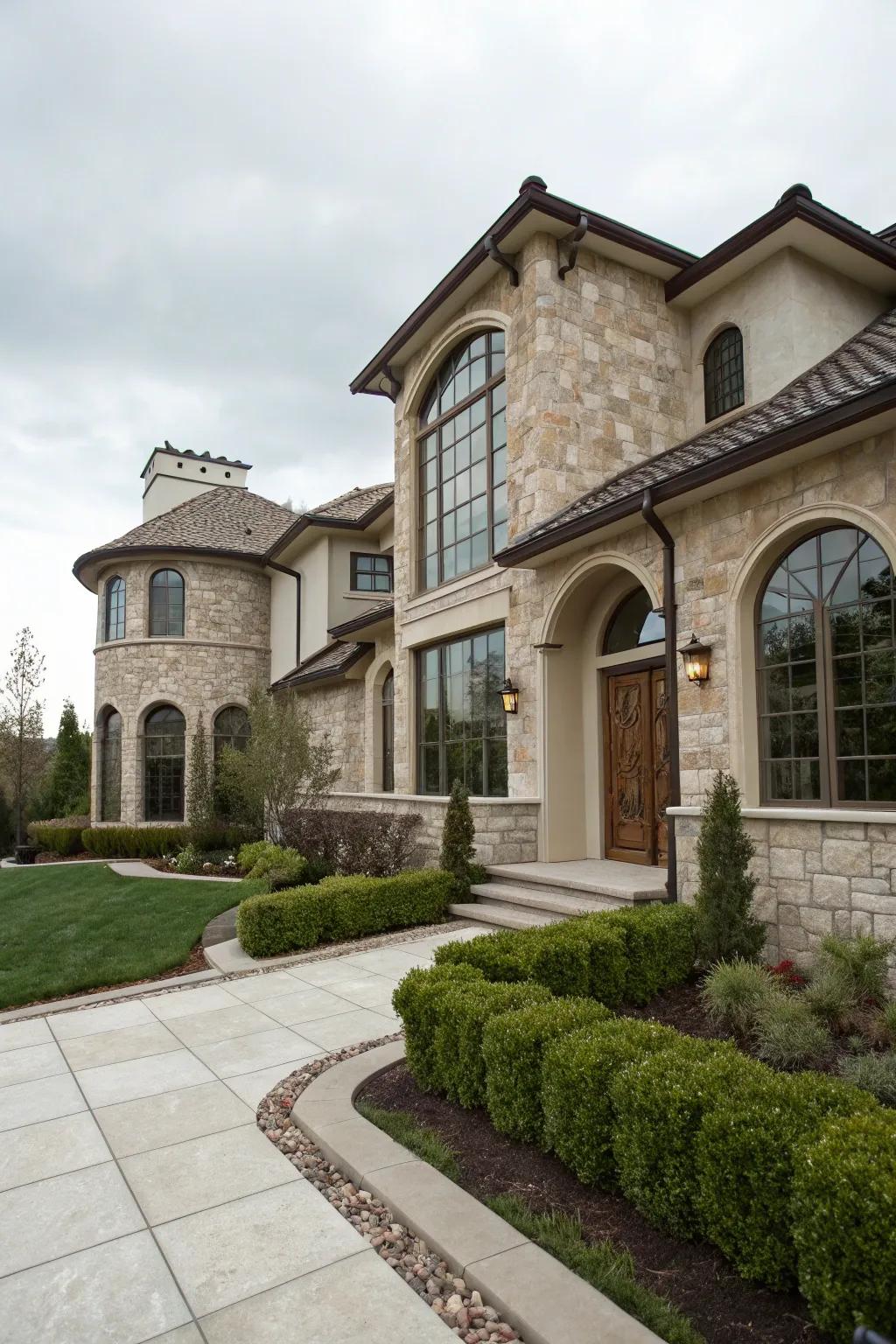 A modern European-style home featuring a blend of stone and stucco.
