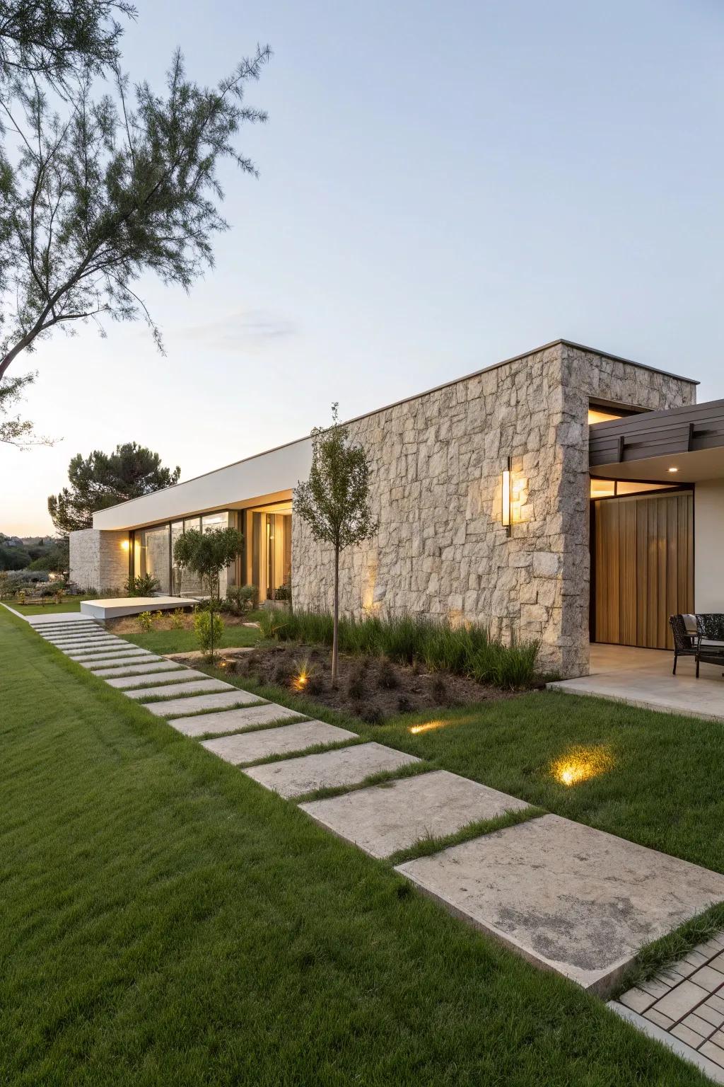 A modern minimalist stone facade design for a refined and elegant exterior.