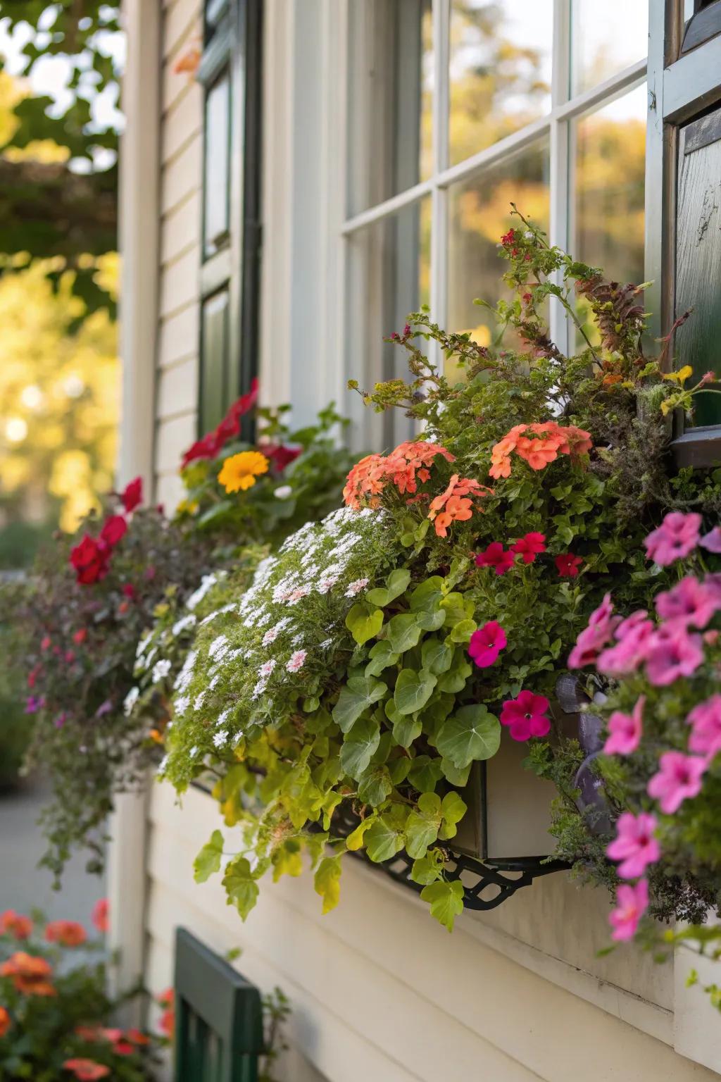 Window featuring a vibrant garden box filled with seasonal flowers