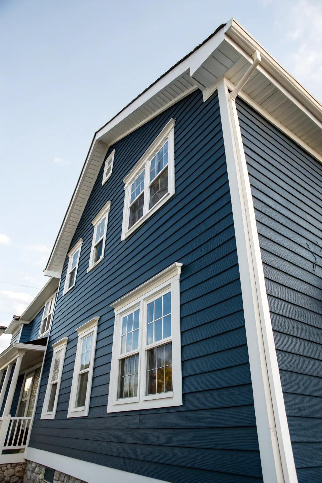 White window edges beautifully highlight against dark navy siding.