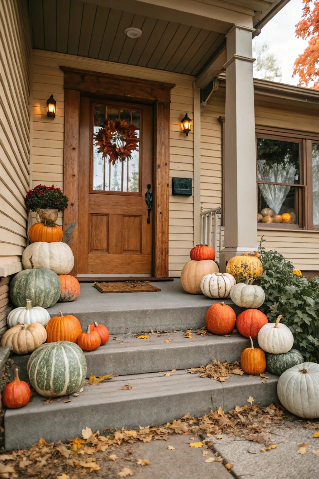 An attractive mix of pumpkins in varied colors, a warm welcome for visitors.