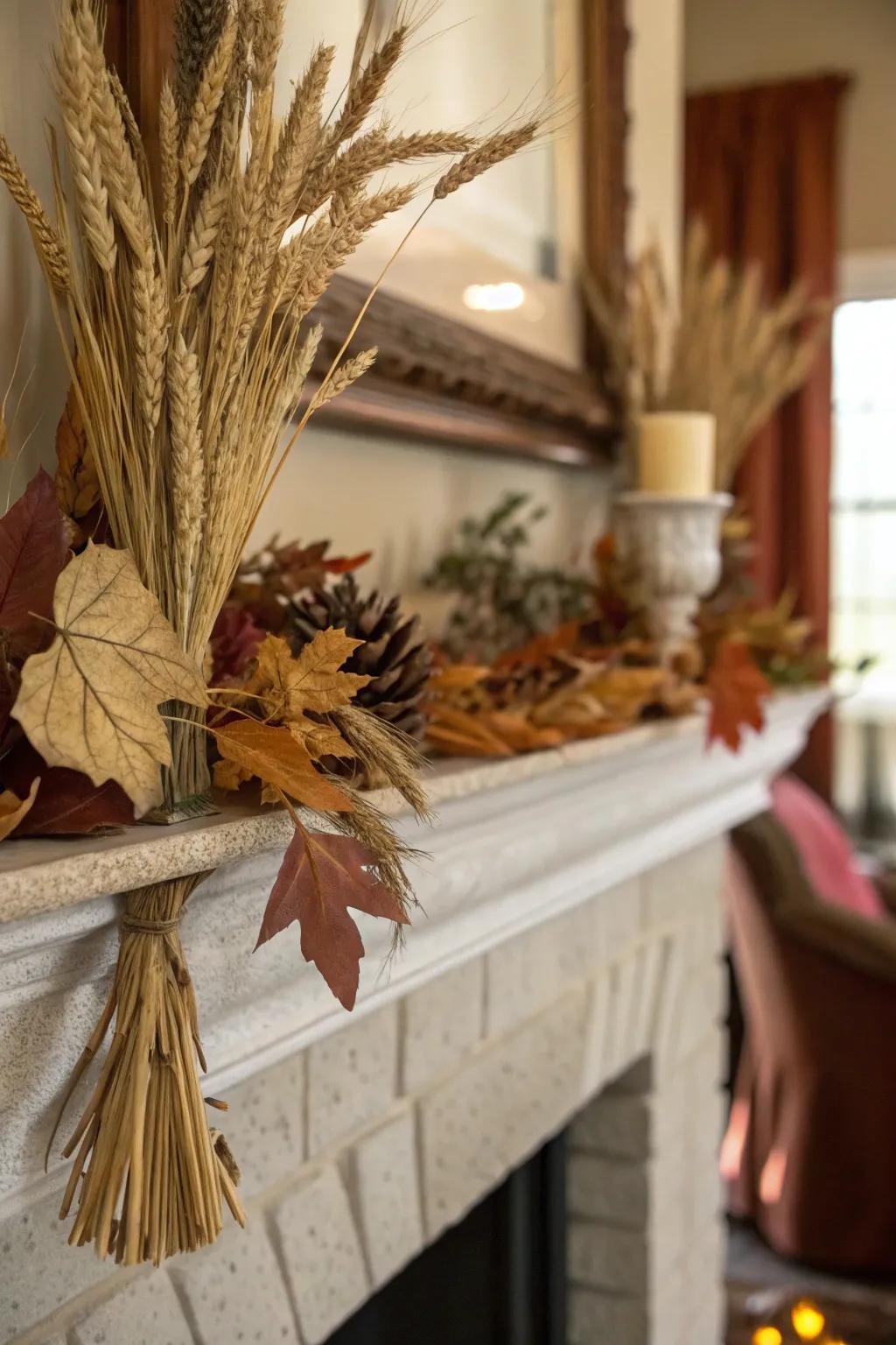 A mantel decorated with desiccated foliage and cereal stalks, encapsulating the spirit of fall.