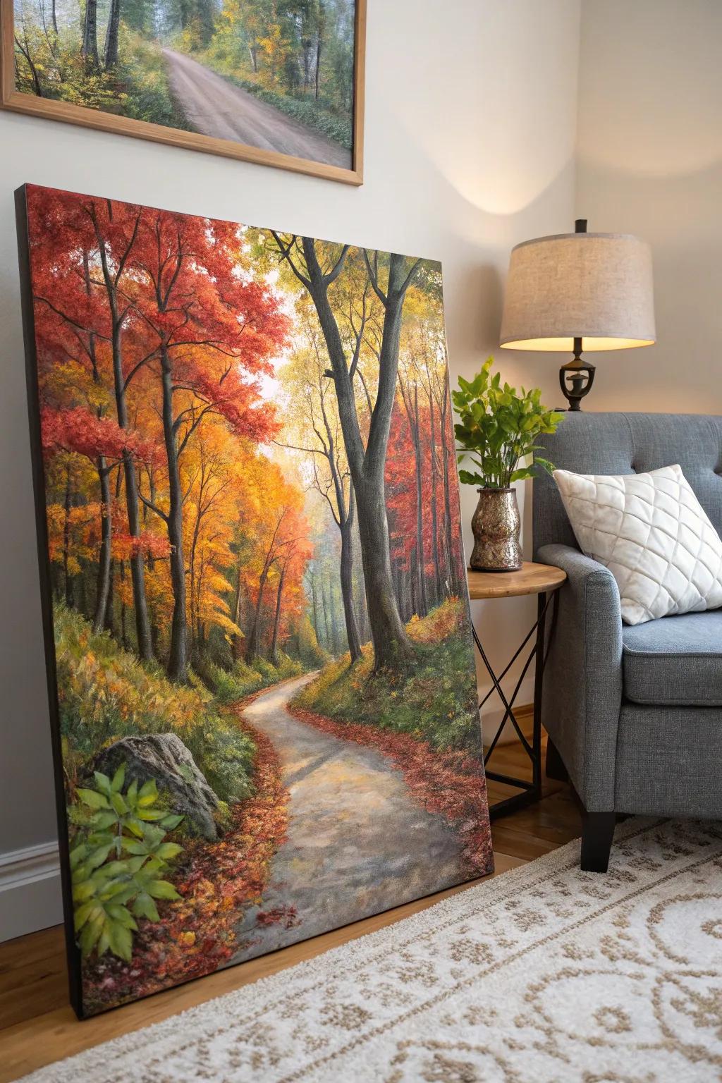 A serene fall forest painting brings the season into your home.
