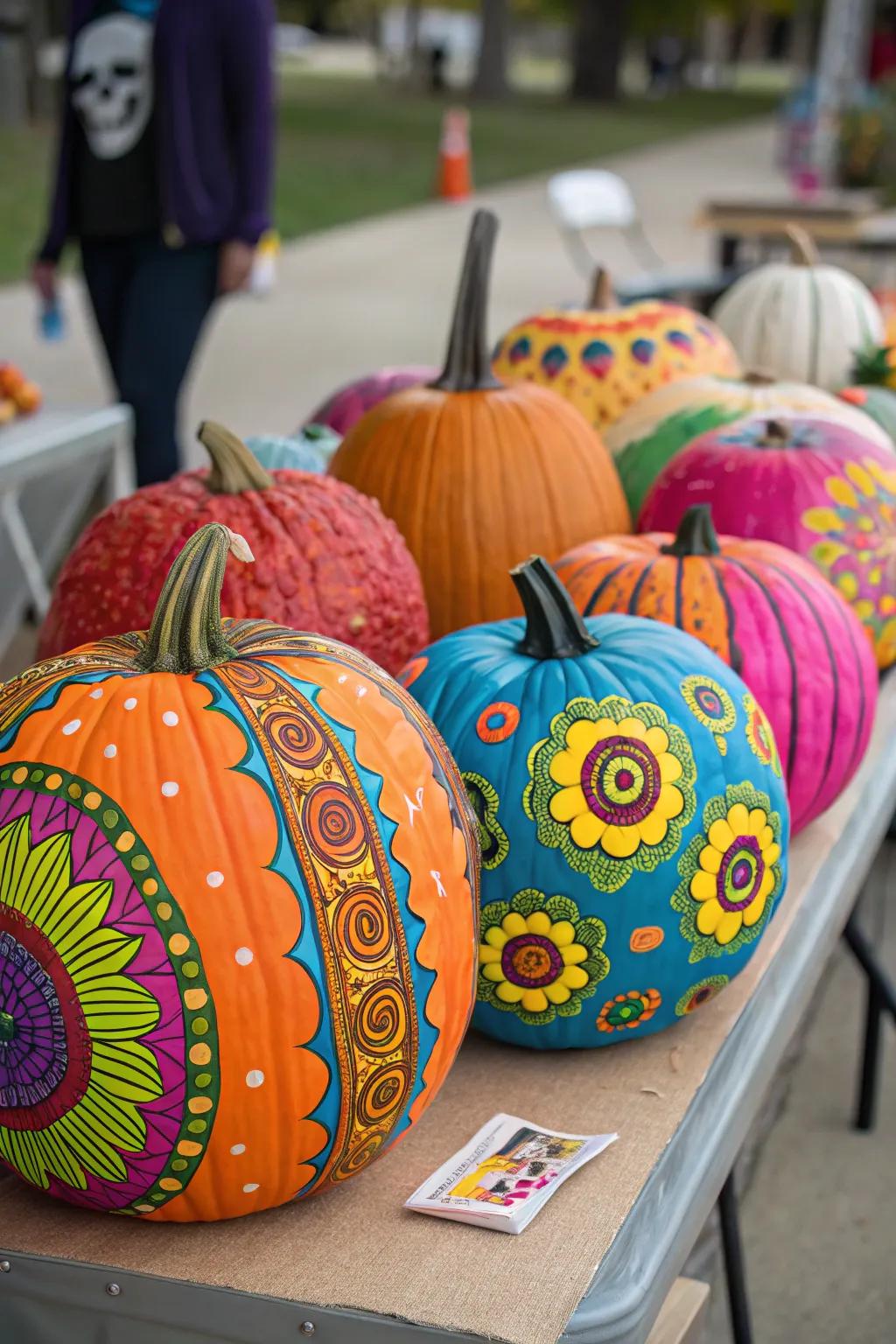 A vibrant collection of artistically painted pumpkins.