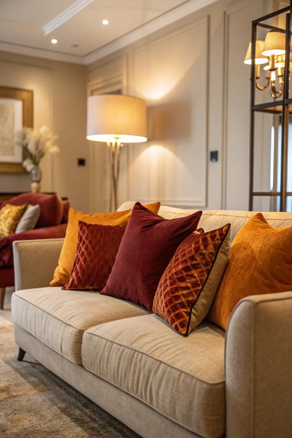 Infuse your space with pillows in deep autumnal colors.