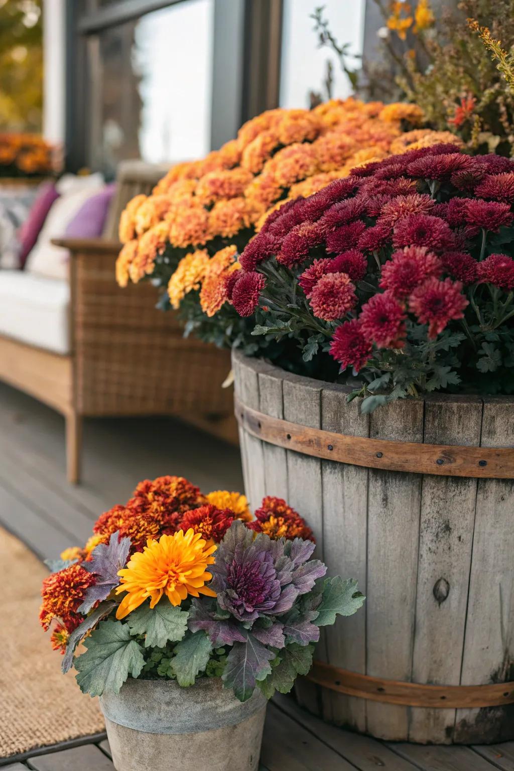 Enhance your outdoor area by blending garden mums with decorative cabbage.