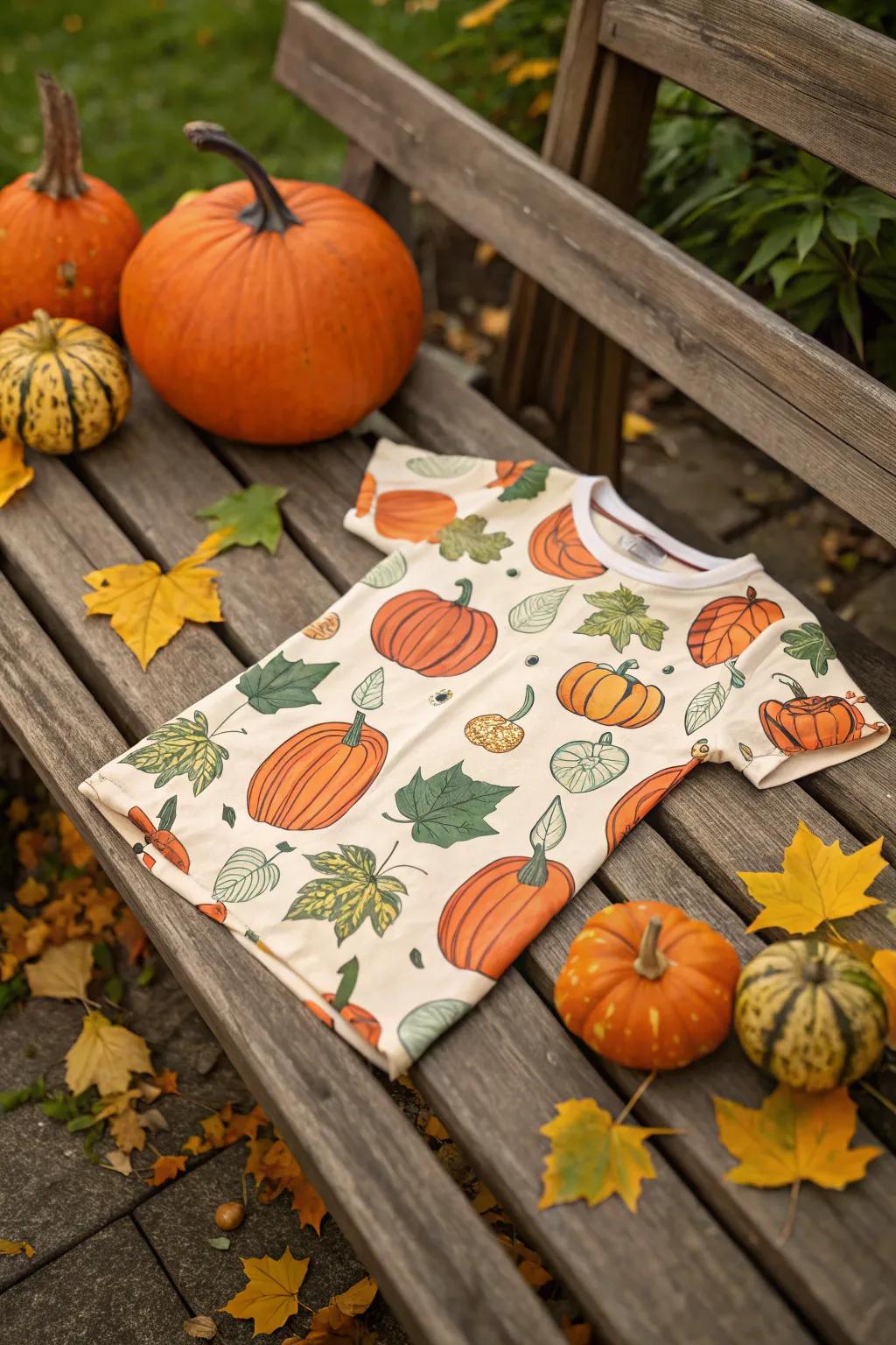 A timeless pumpkin print shirt is just right for joyful fall excursions.