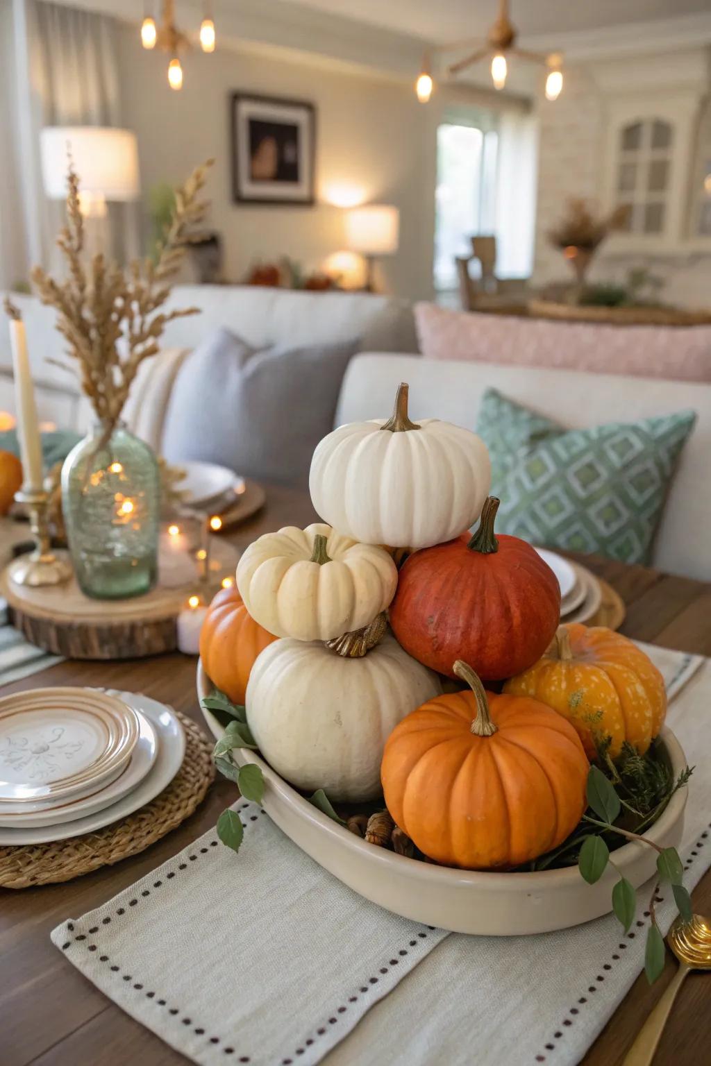 Employ pumpkins of varying sizes to compose an enchanting fall centerpiece.