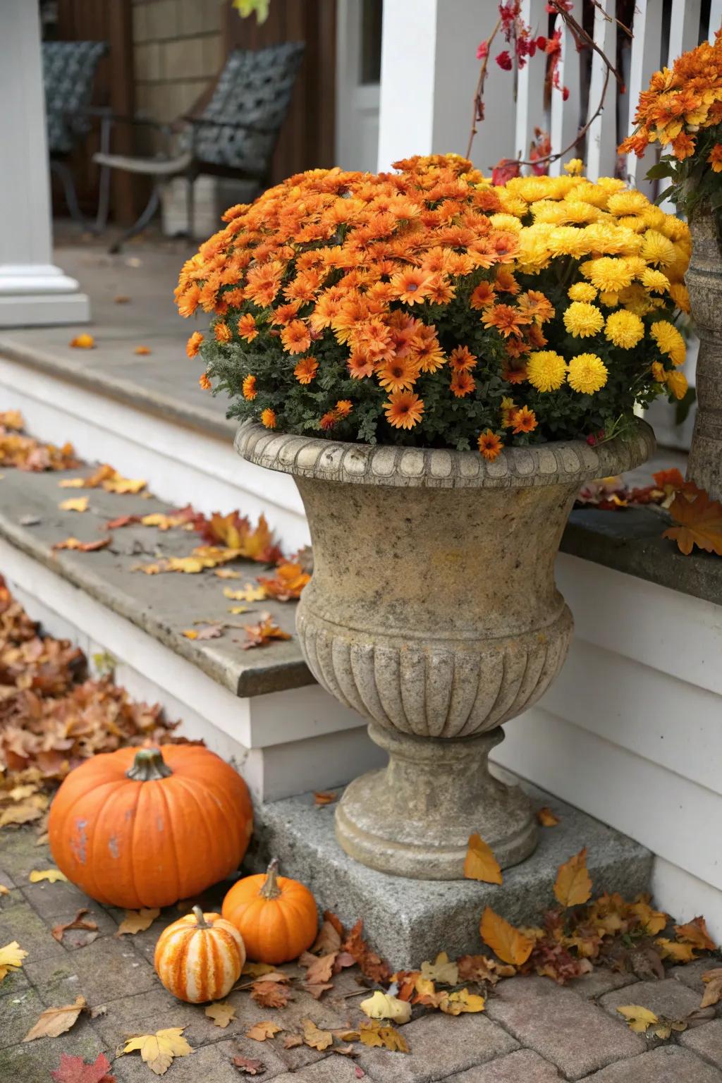 A timeless blend of gourds and chrysanthemums in an autumnal urn.