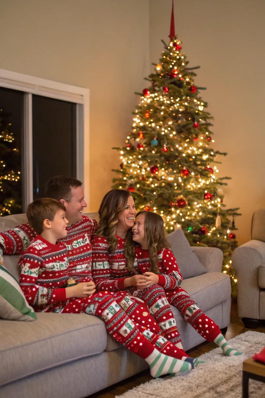 Set the scene for a heartwarming photo with matching pajamas, creating a fun and festive family moment.