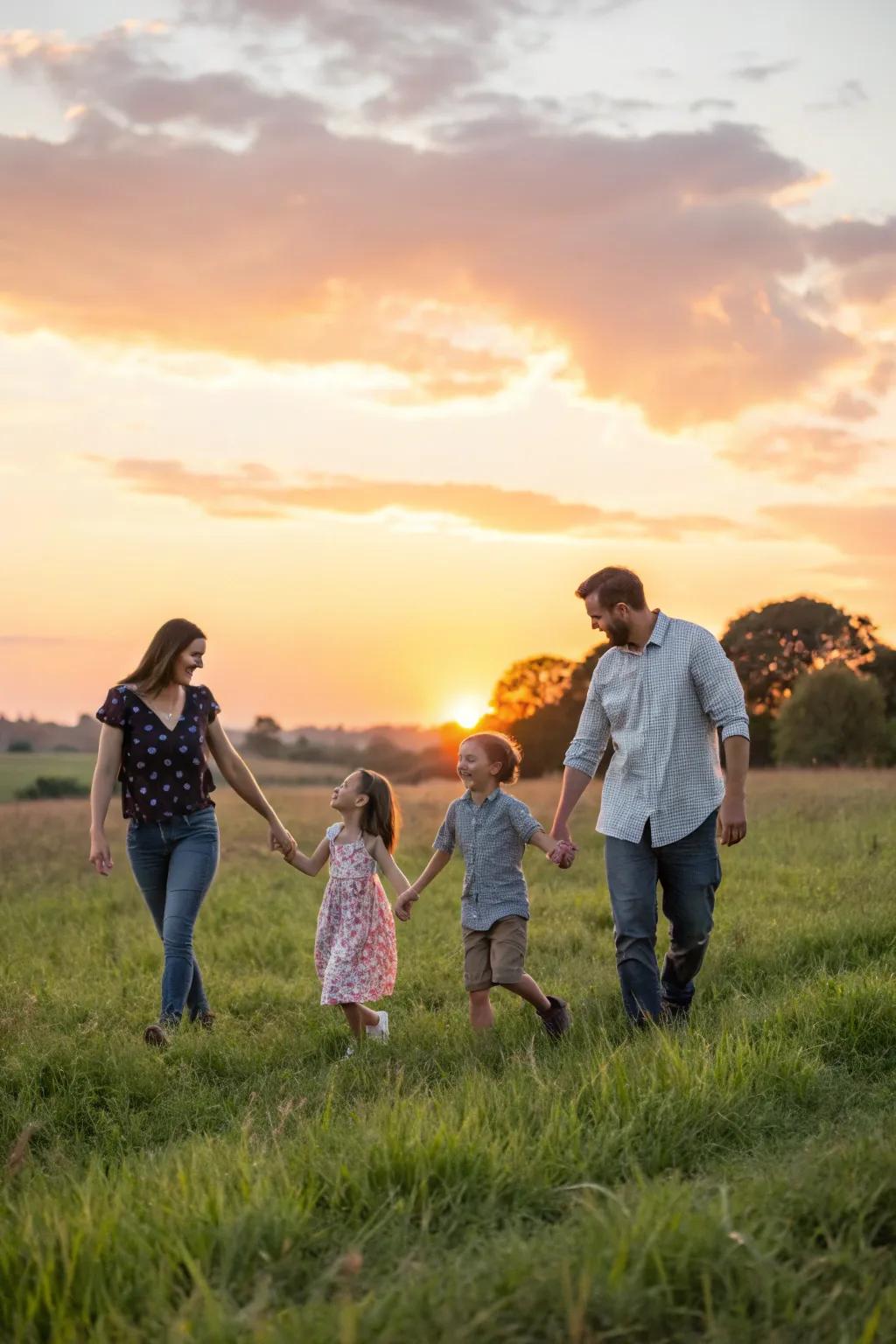 The enchanting radiance of twilight introduces a captivating element to family images.