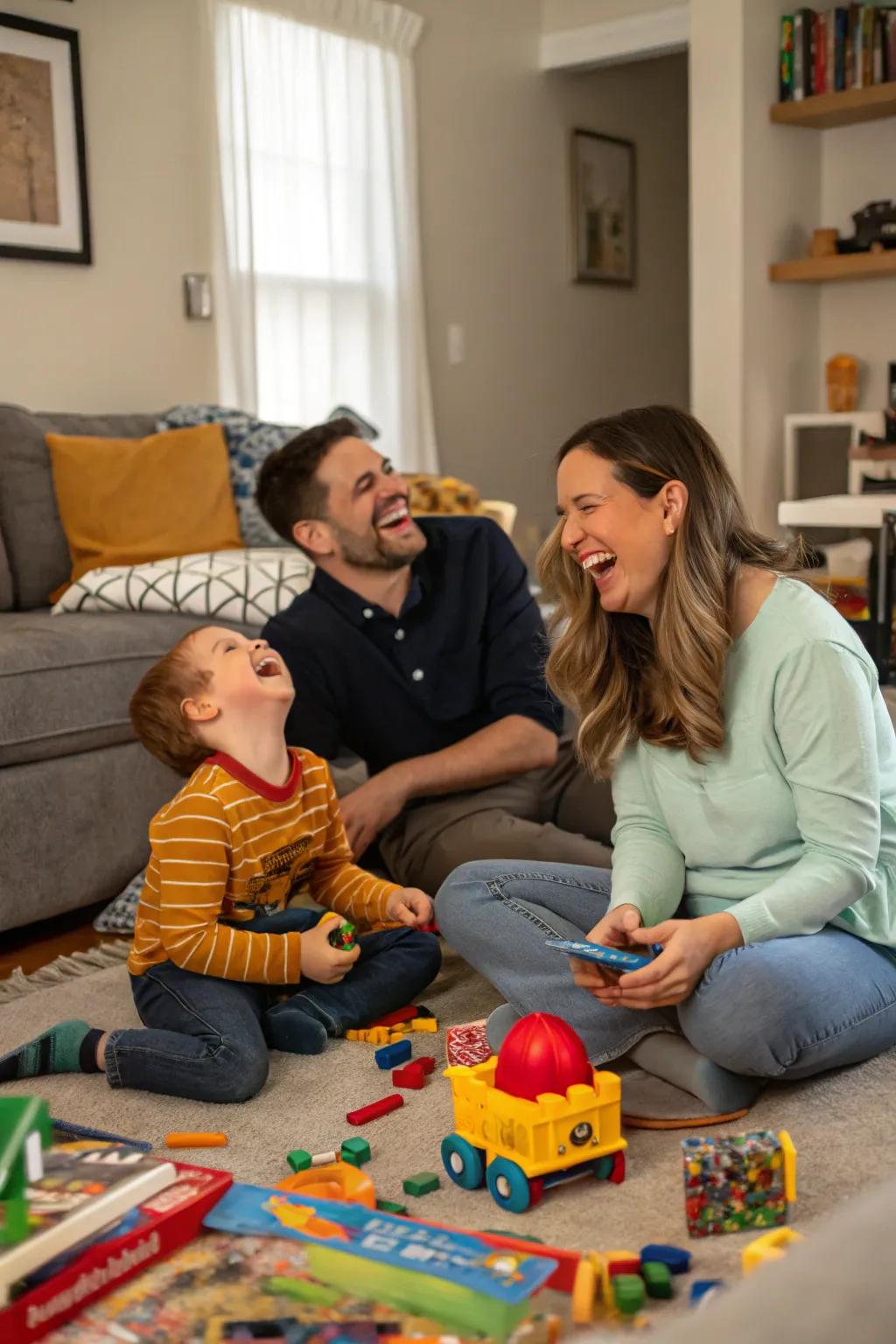 A joyful and unplanned family having a great time during a no-rules night in their living room.