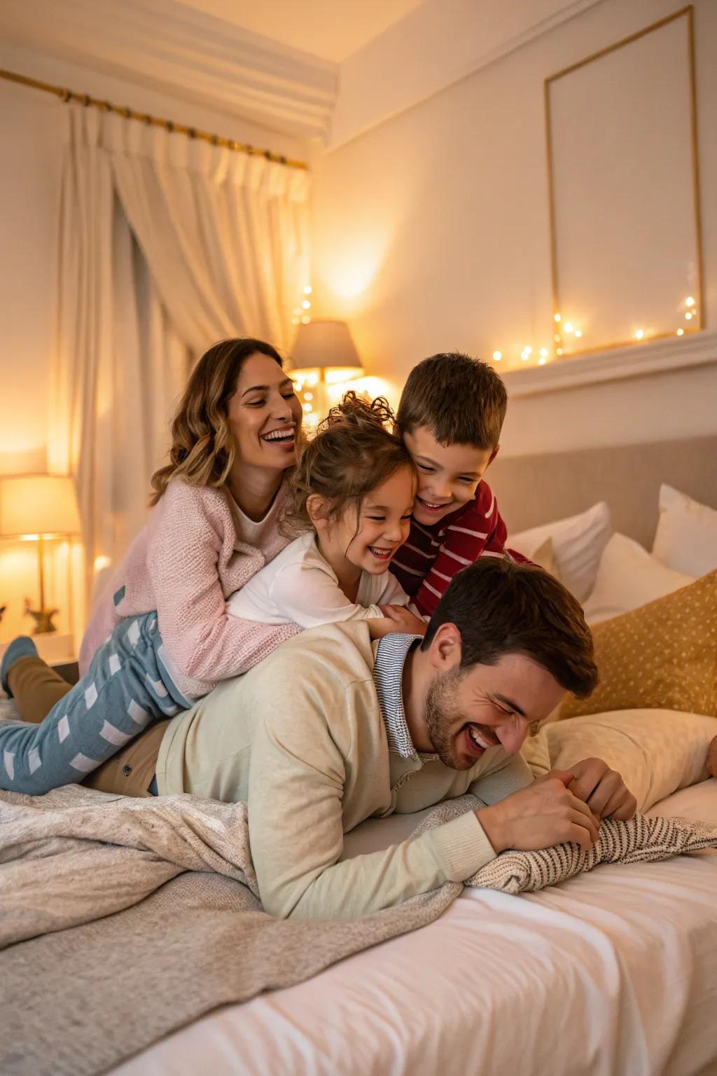 Immortalize joyful and cozy moments with your family in a bed.