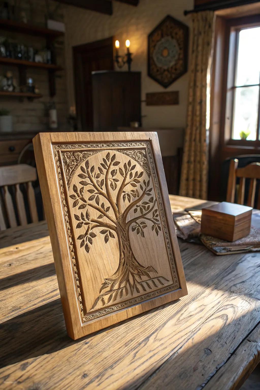 An etched wood genealogy display is a classic gift.