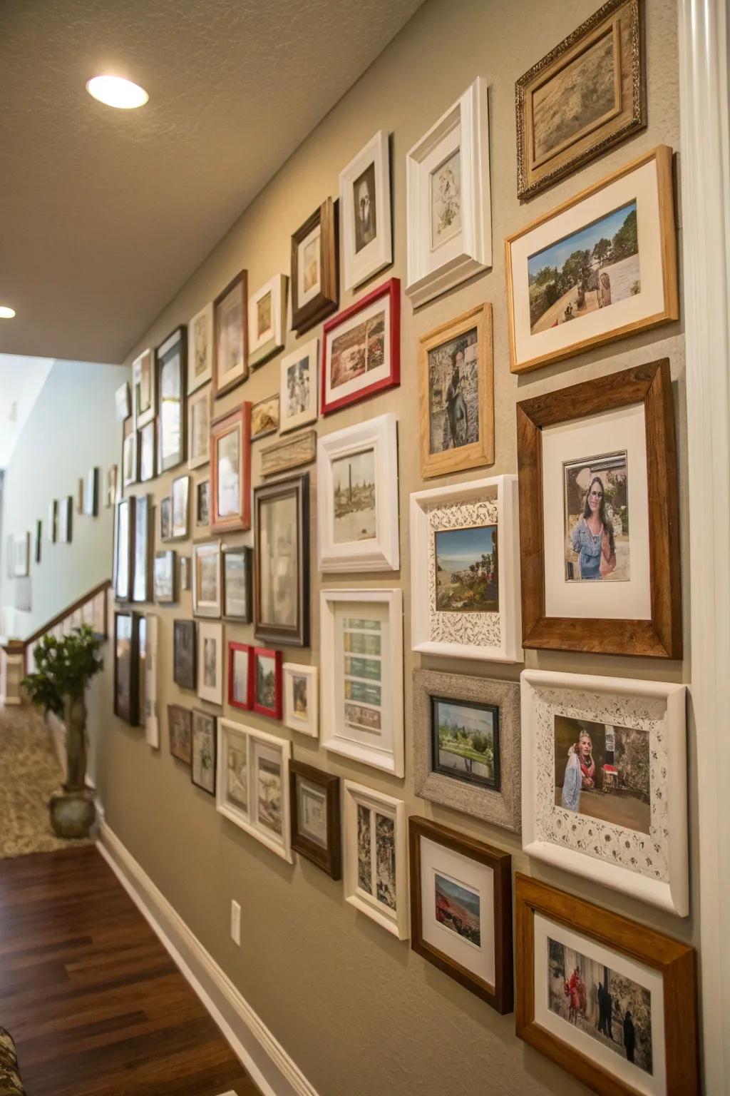 A lively photo collage with a range of frame sizes, capturing significant family moments.