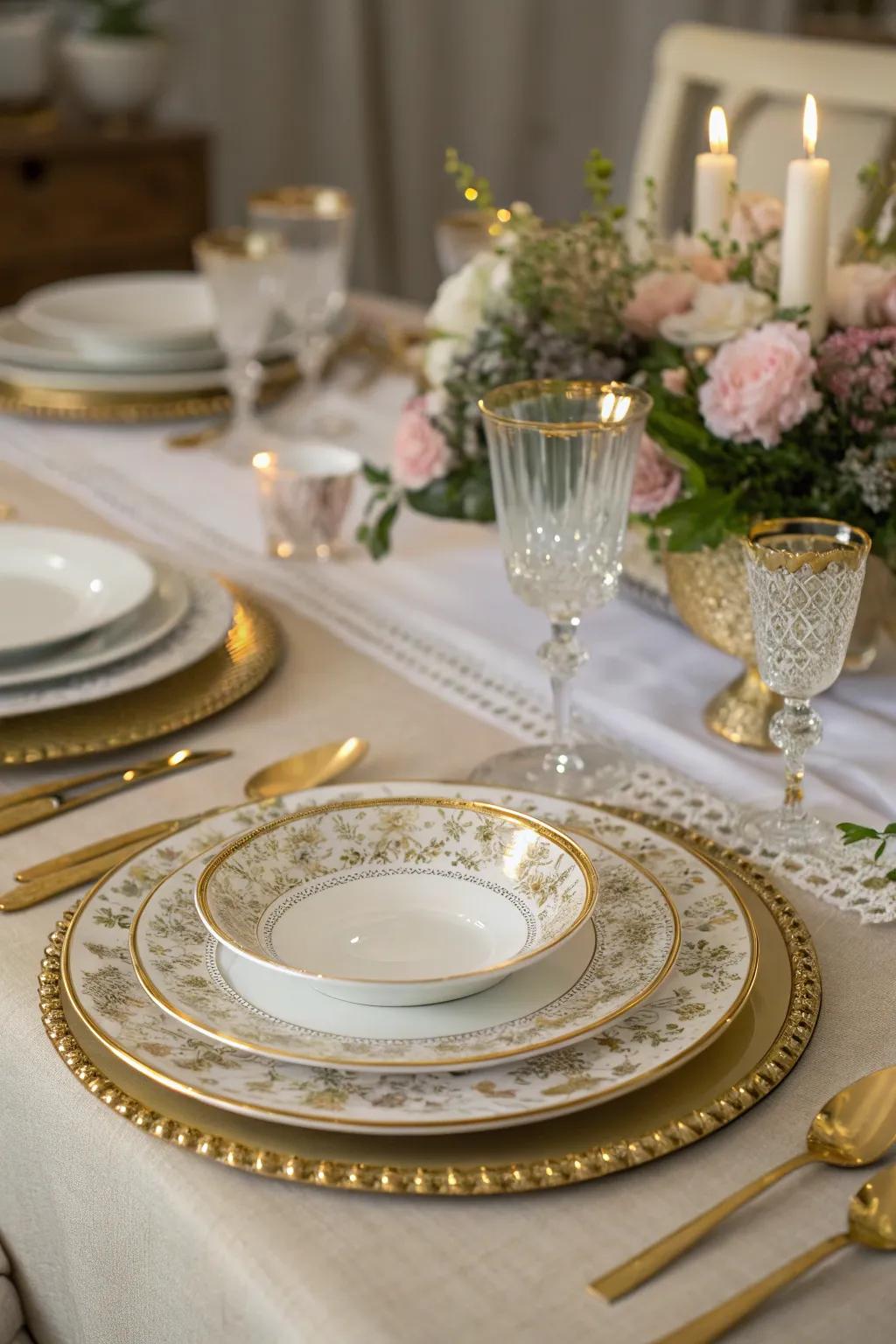 Refined tableware with gold accents for an enhanced dinner setting.