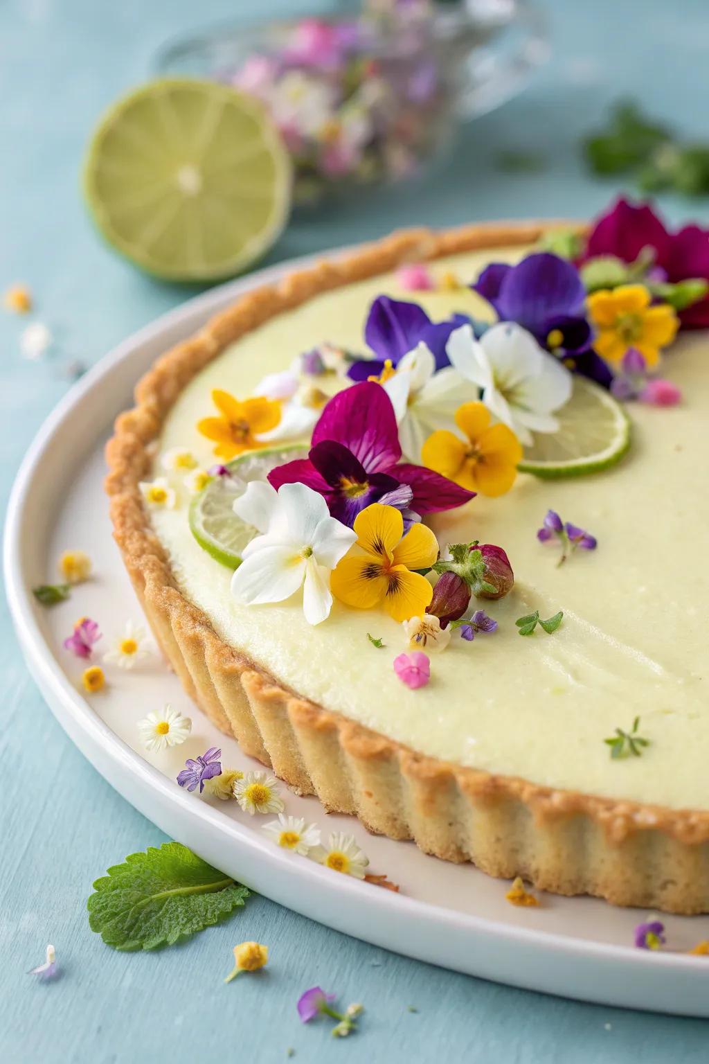 Edible flowers adding charm and elegance to a lime dessert.