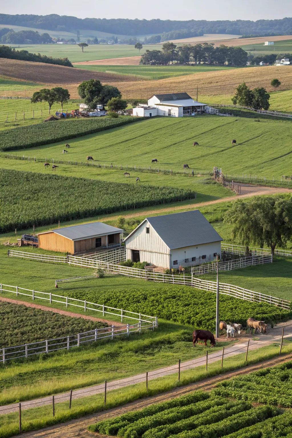 A farm showcasing clearly defined zones for growing, livestock, and residential spaces.