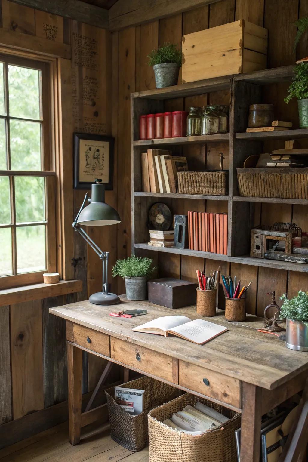 A rural home office featuring upcycled lumber accents, radiating coziness and character.