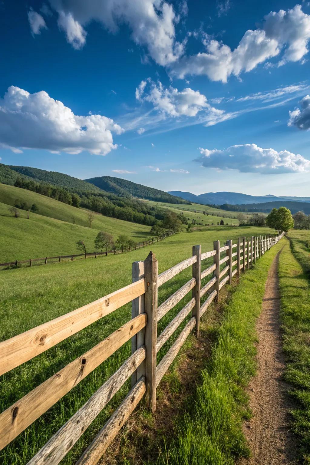 The simplicity of a log rail fence integrates effortlessly into any natural setting.
