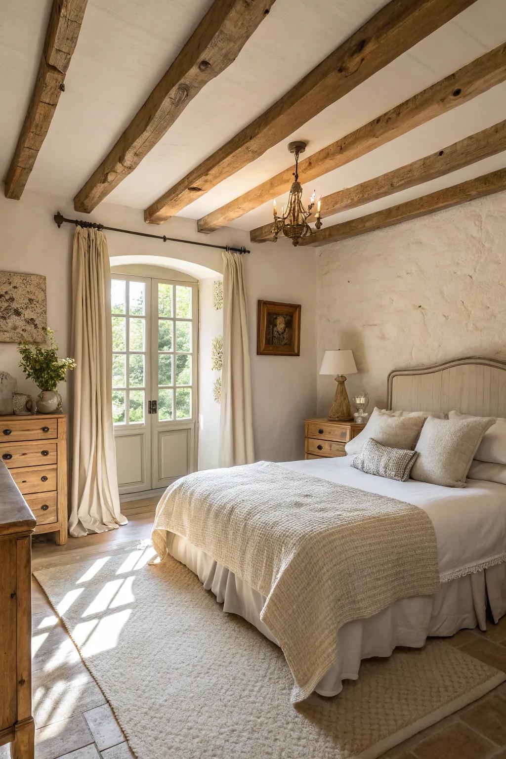 A spacious and luminous farmhouse bedroom featuring a calming neutral palette.