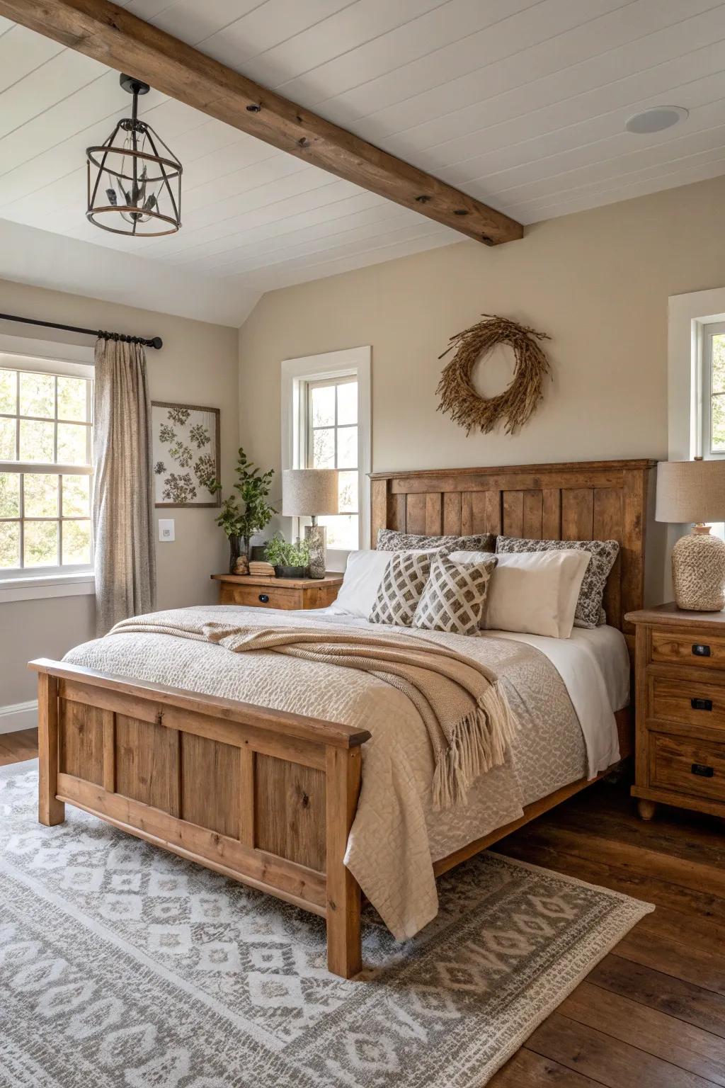 Neutral shades foster a tranquil and soothing farmhouse setting.