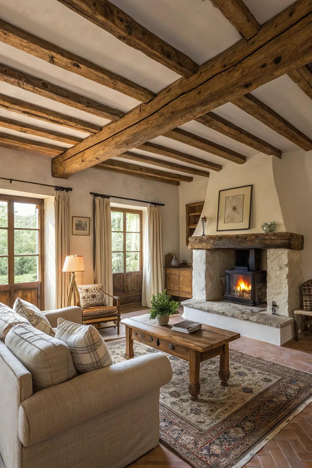 Visible wood supports add warmth and rustic charm to this farmhouse living room.