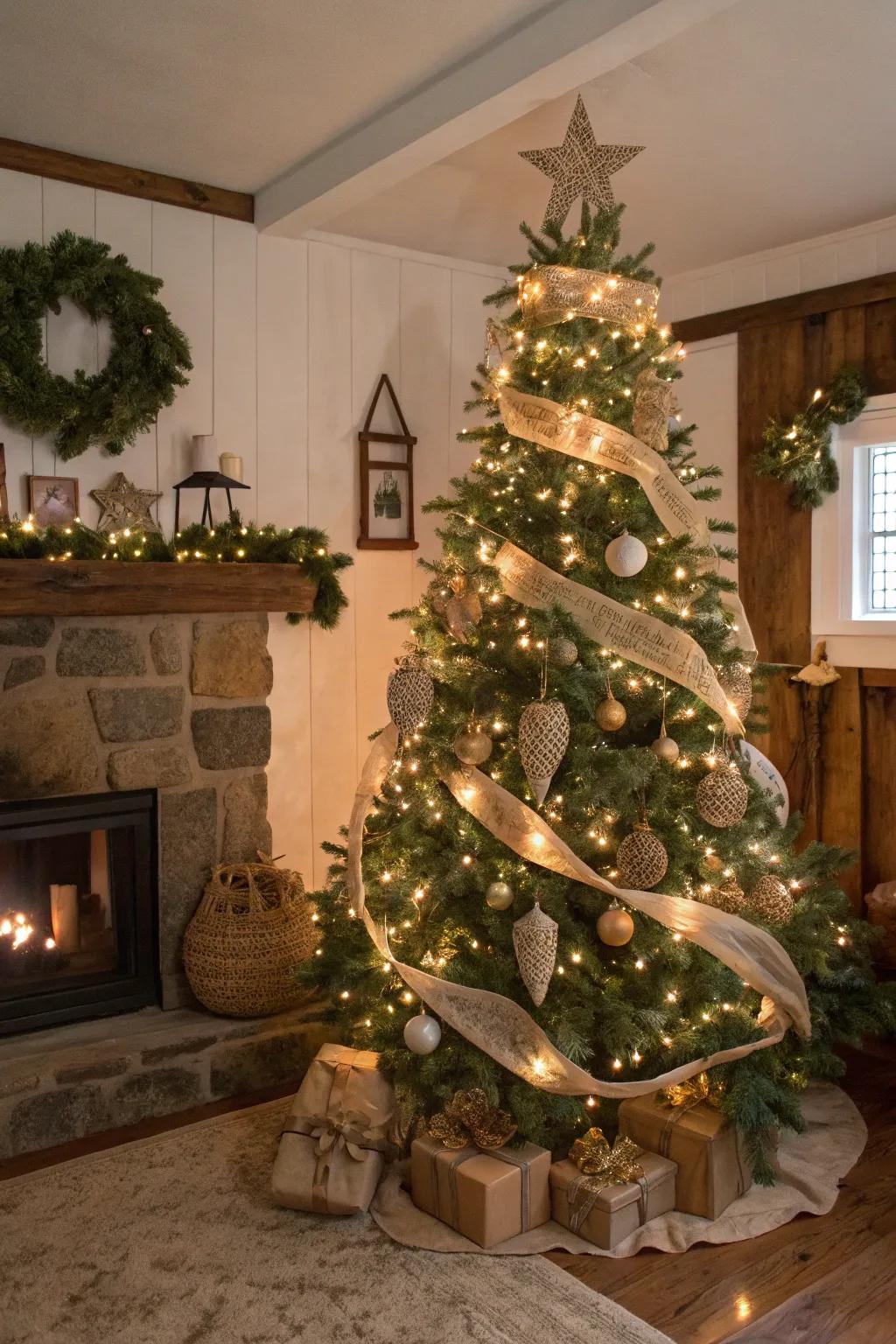 A farmhouse Christmas tree decorated with textile ribbons and natural decorations.