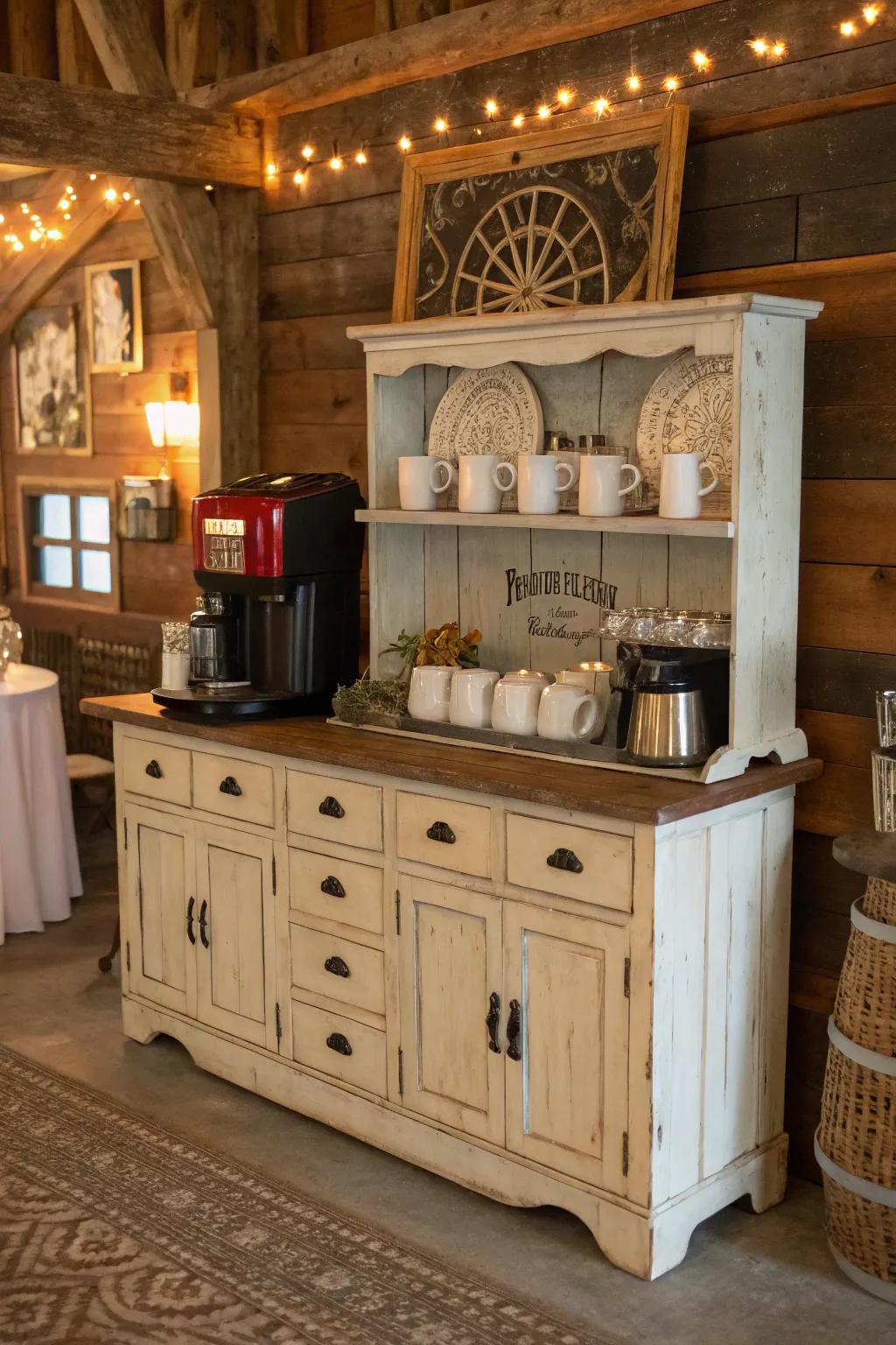 A vintage console reimagined as a country-style coffee spot.
