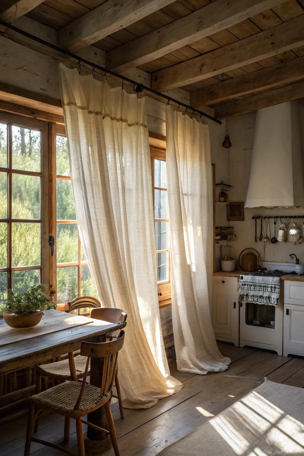 Linen window coverings casting a soft glow over a lovely farmhouse kitchen.