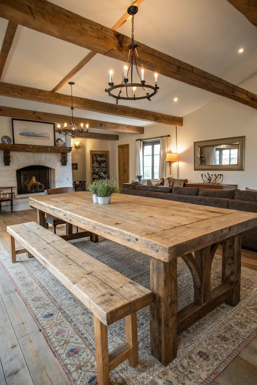 A salvaged wood table grounds this farmhouse dining room with rustic magnetism.