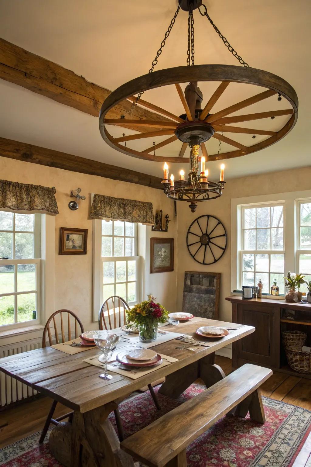 Roundabout chandeliers provide a fascinating center of attention in any farmhouse dining space.